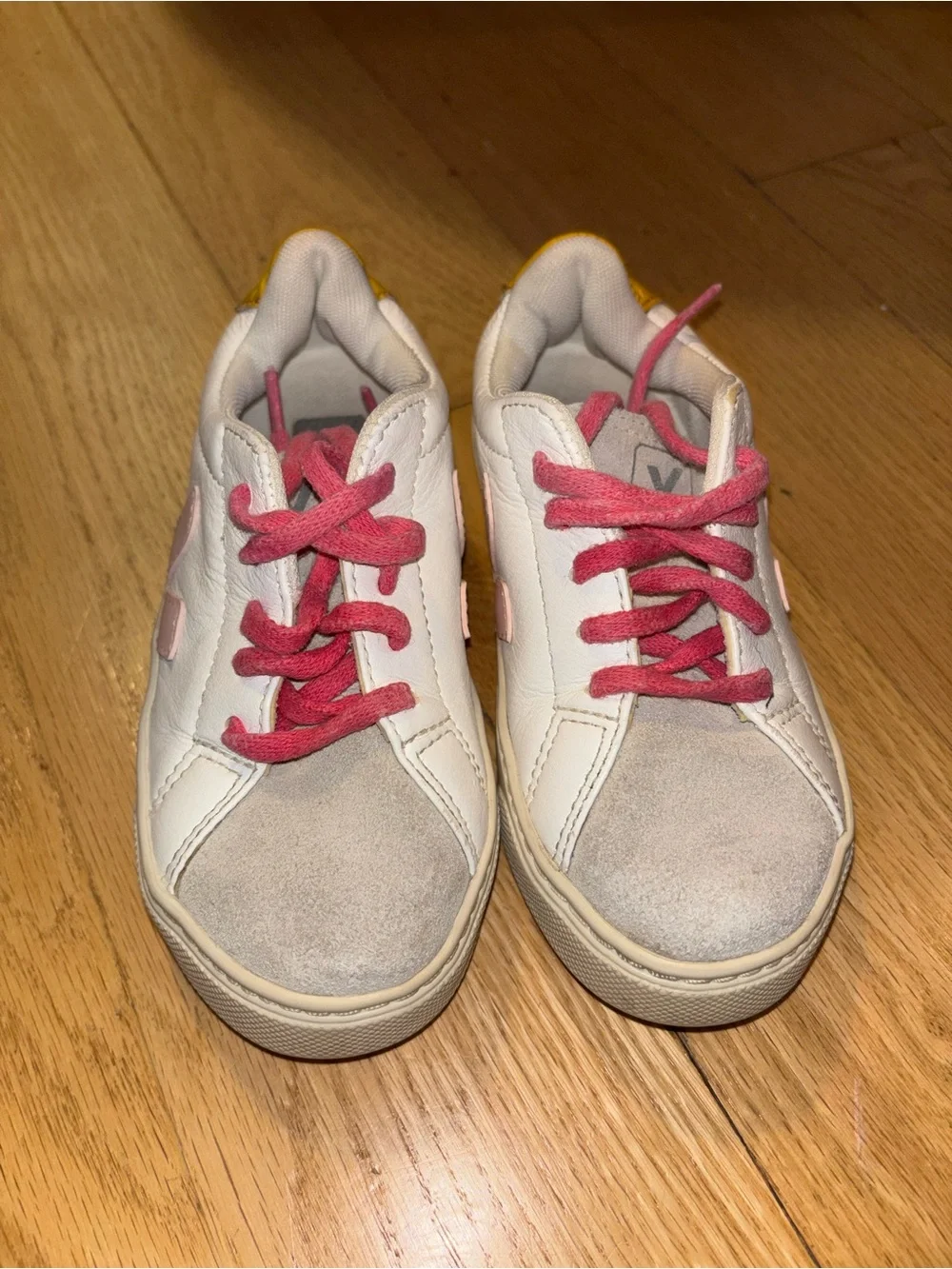 Veja Kids White Sneakers with Pink Accents and Yellow Heel Tab